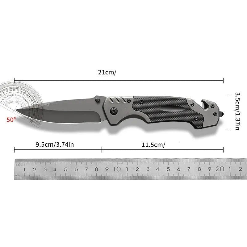 Portable folding knife with alloy blade, 225mm full length, on outdoor surface