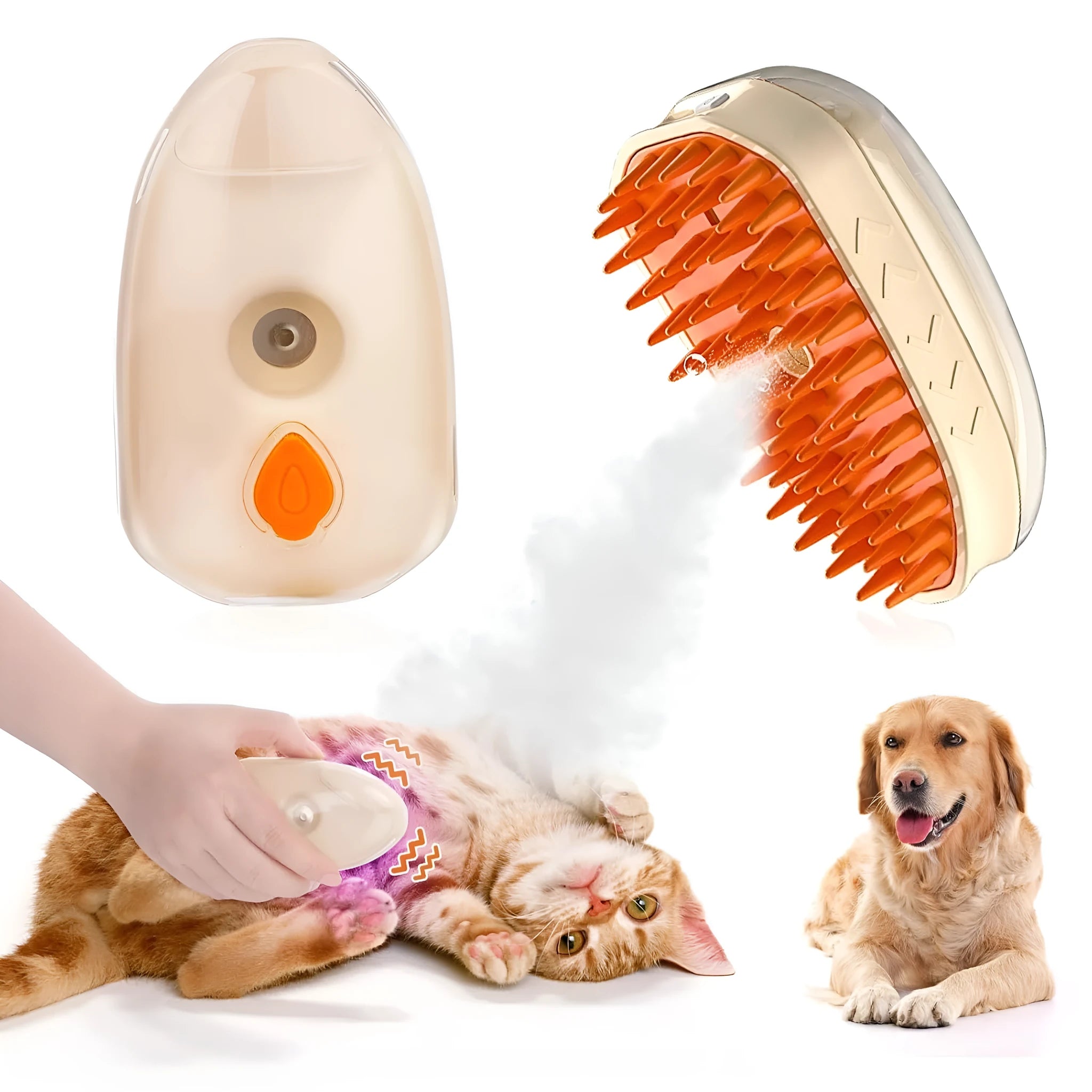 Yellow multifunctional cat steam brush with silicone teeth, water compartment, and ringworm detector lamp
