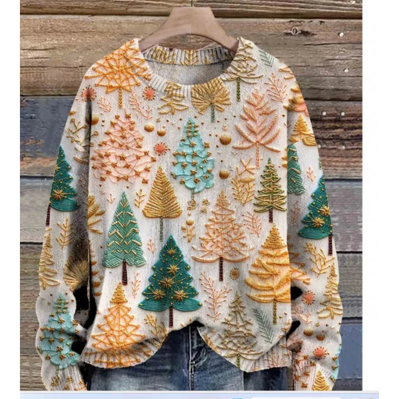 Women's Little Flower digital printed floral pattern round neck long sleeve polyester sweater