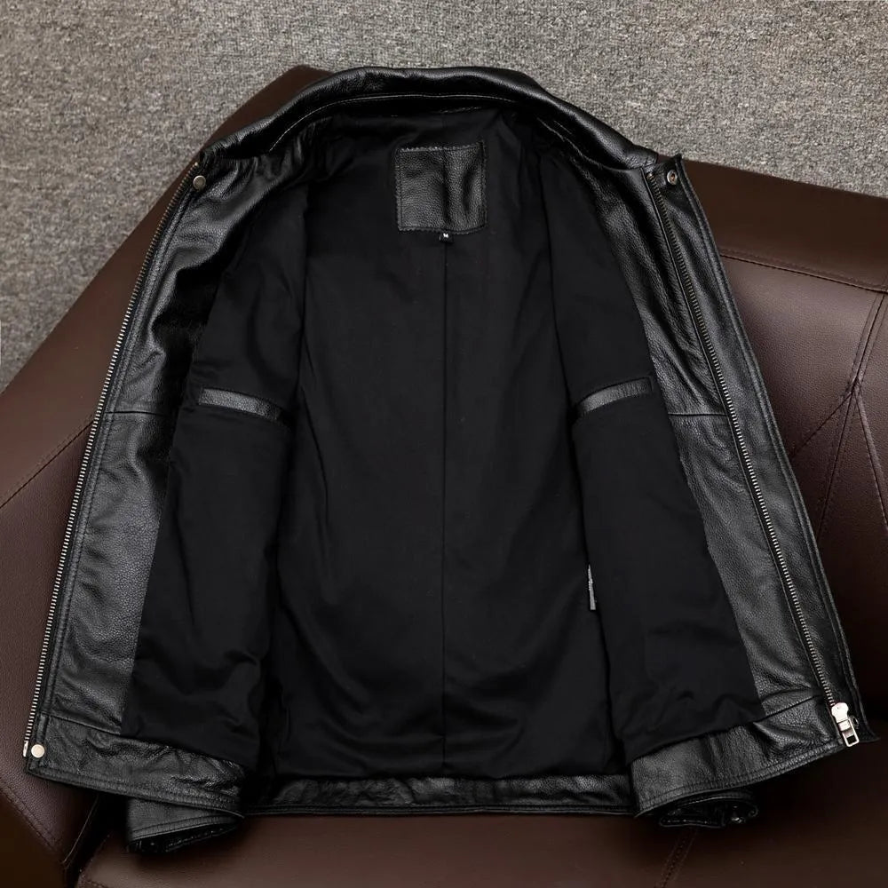 Men's black retro Kaji style lapel-collar PU leather jacket with side pockets, shown on a model.