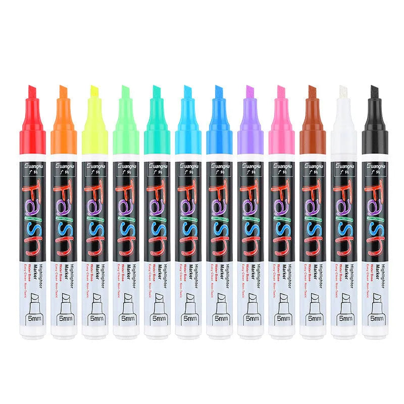 Electronic fluorescent board highlighter with 6mm oblique tip showing pressure valve mechanism and colour options