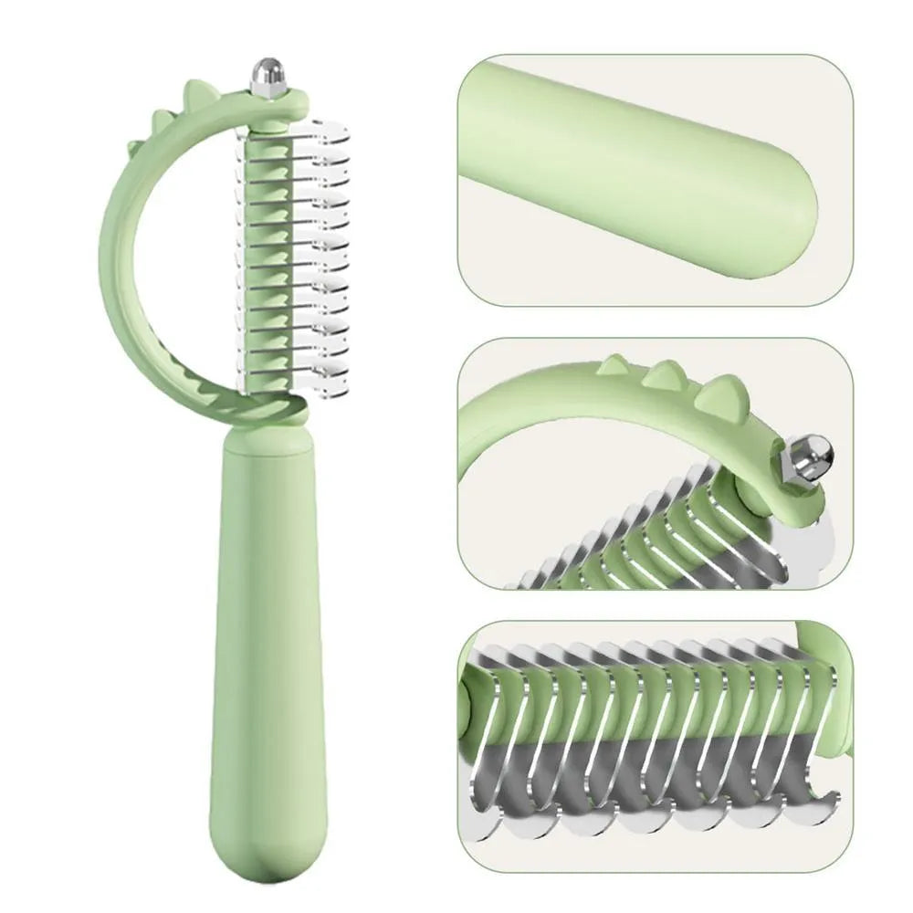 Self-cleaning slicker cat brush with dinosaur shape, double-sided for shedding and dematting, blue green white options