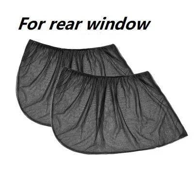 Car side window mesh sunshade installed on a car door window for sun protection and mosquito prevention