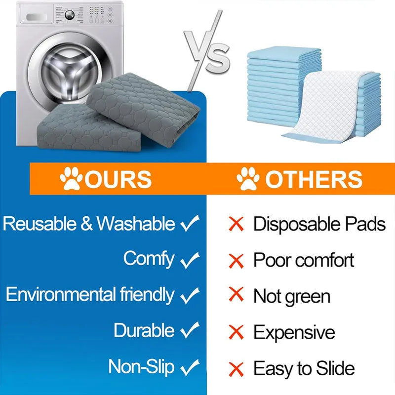 Two washable dog pee pads in grey and khaki on a floor, one with a small dog standing on it