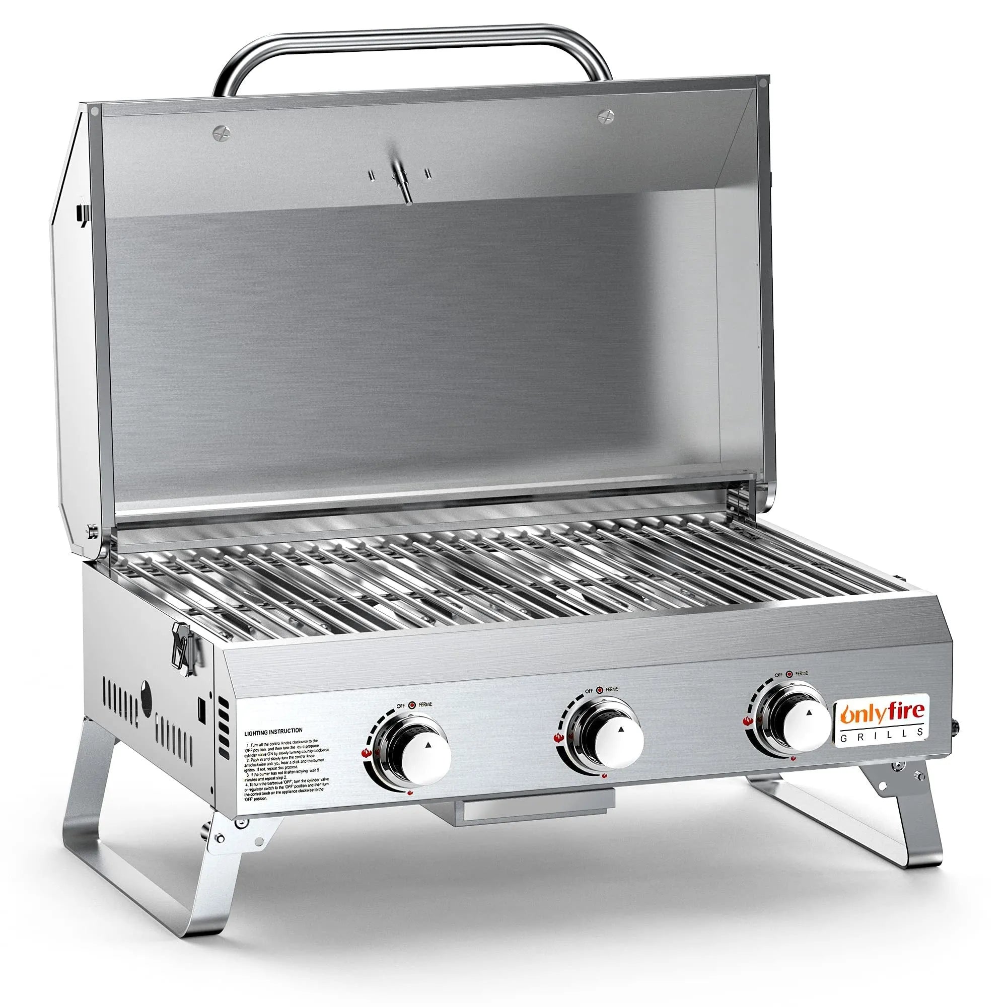 Silver desktop gas barbecue grill with three stainless steel burners and foldable legs