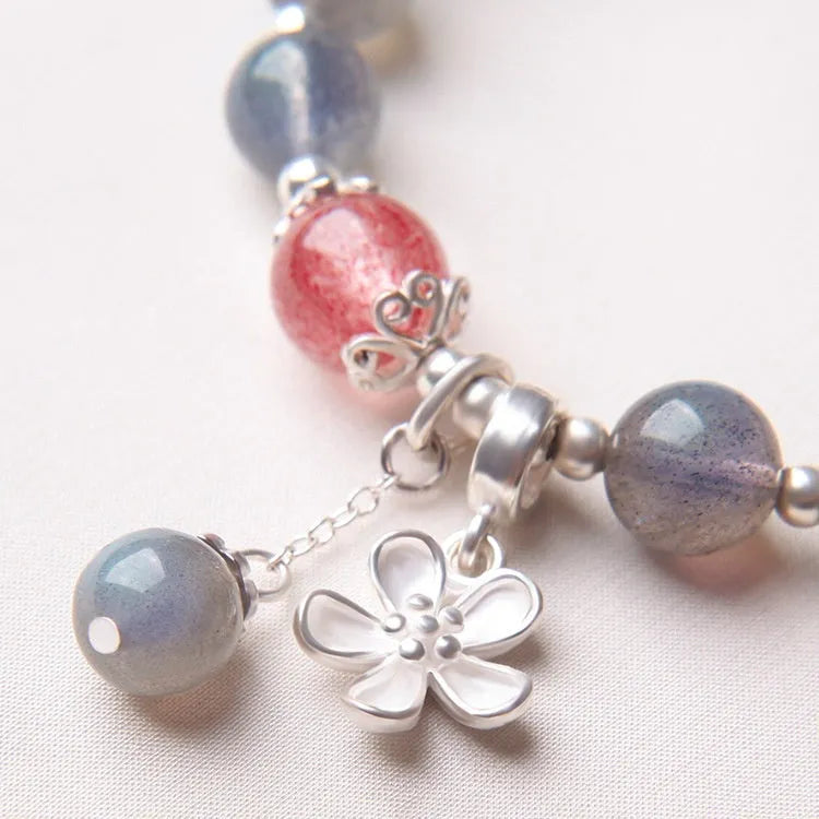 Women's 925 silver crystal bracelet with 7.5mm gray moonlight and strawberry beads, honeysuckle style, animal zodiac design