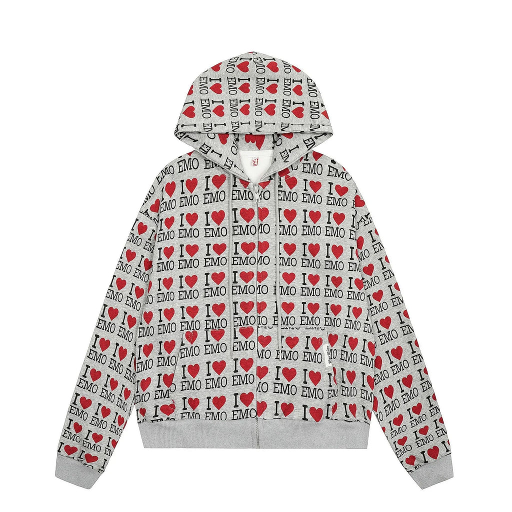 Women's mixed grey retro pattern hooded cotton cardigan shown from front, long sleeves and regular fit.
