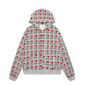 Women's mixed grey retro pattern hooded cotton cardigan shown from front, long sleeves and regular fit.