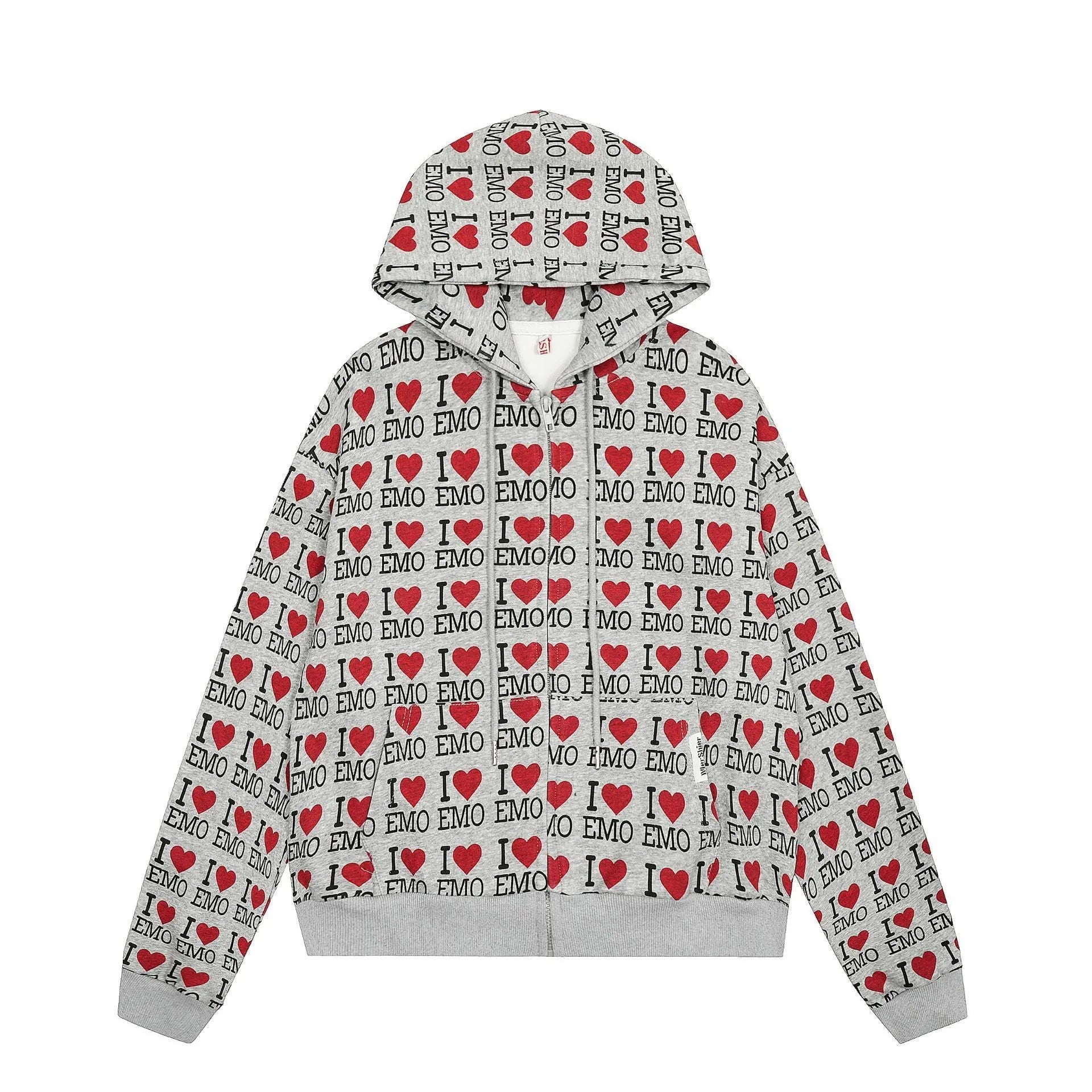 Women's mixed grey retro pattern hooded cotton cardigan shown from front, long sleeves and regular fit.