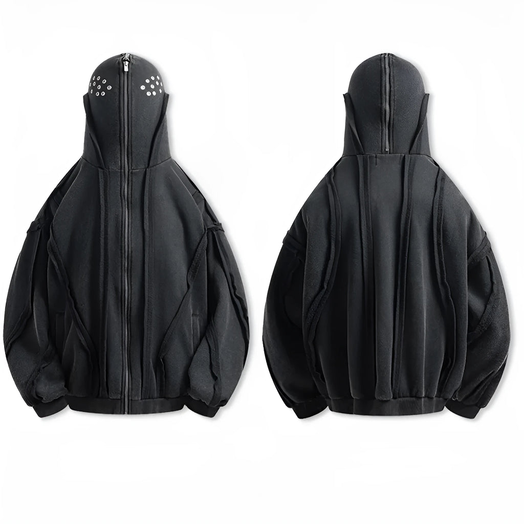 Black men's retro zip hooded cotton coat with abstract pattern, shown loose fit.