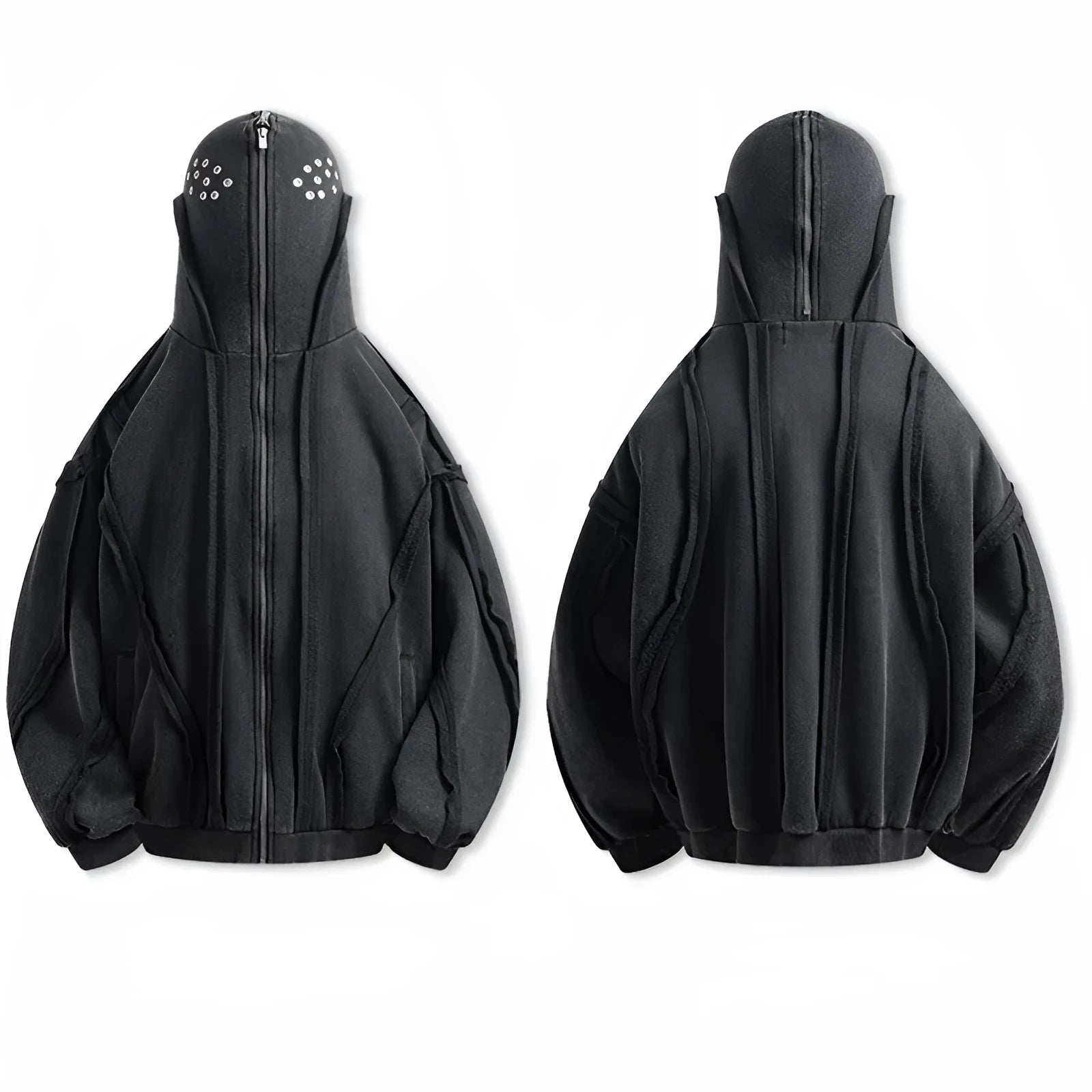 Black men's retro zip hooded cotton coat with abstract pattern, shown loose fit.