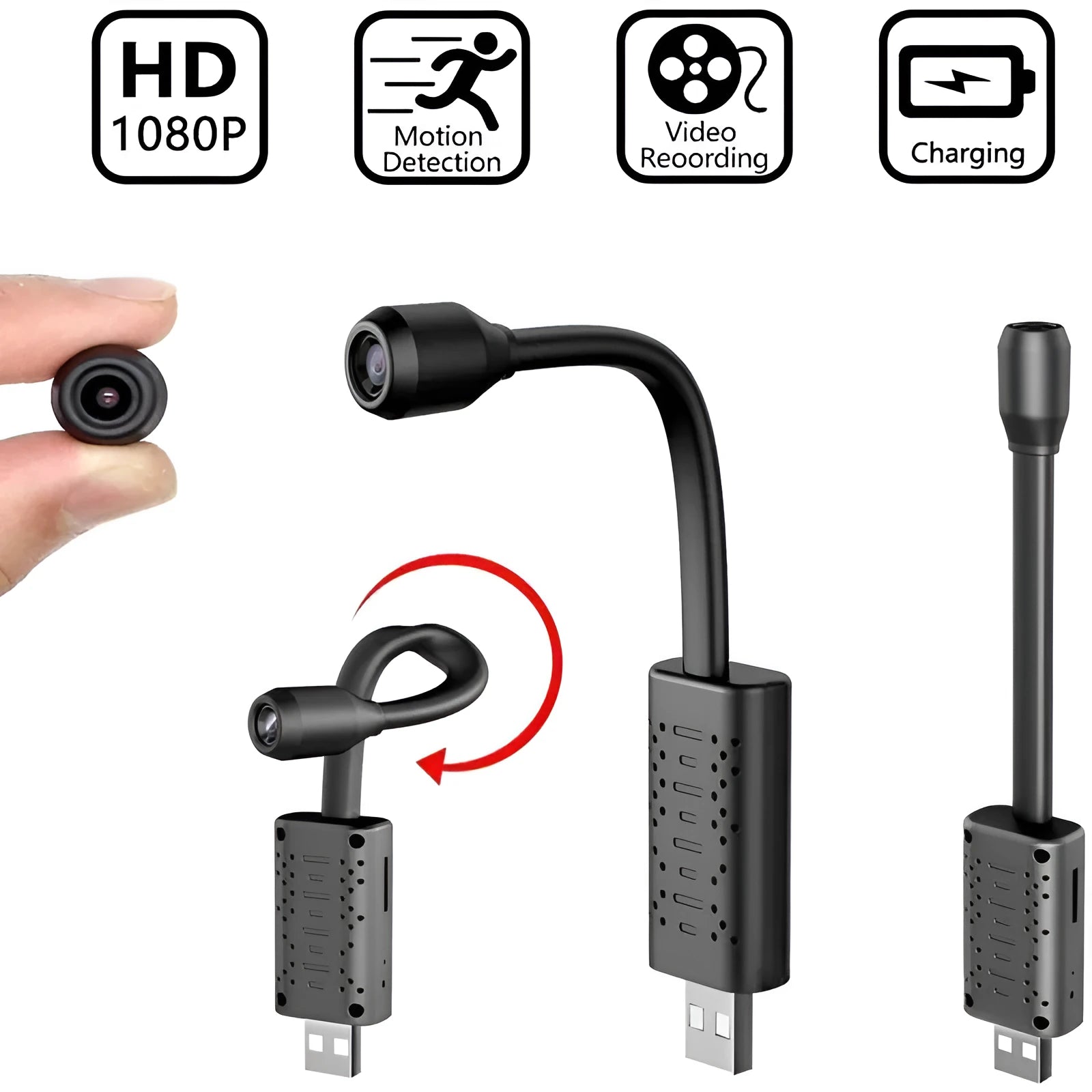 Black V380 wireless USB security camera showing compact design with microSD card slot