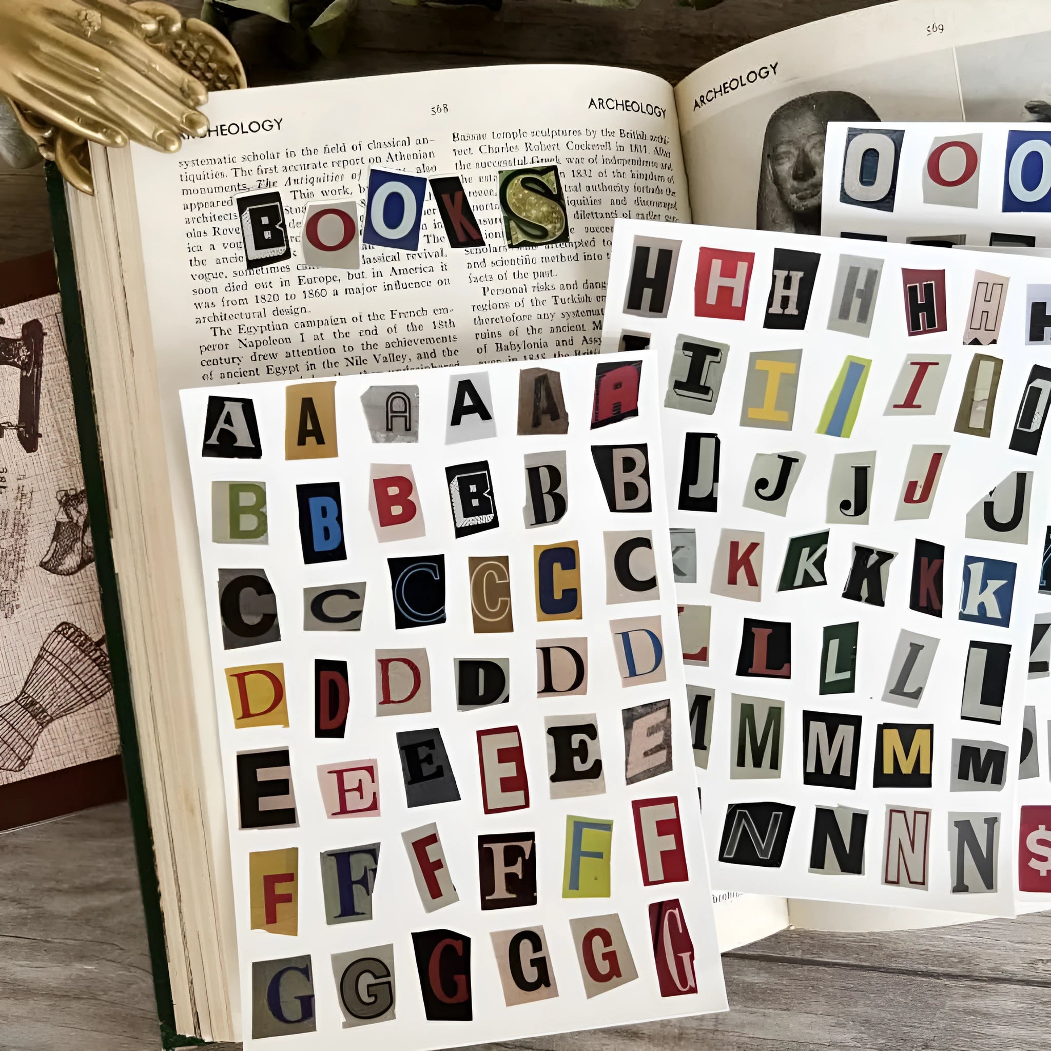 English letters and numbers symbol label stickers showing colour-coded letter sets A through E with weekly words