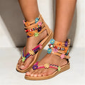 Ethnic style beaded petal sandals with round toe and floral decorations made from artificial PU material