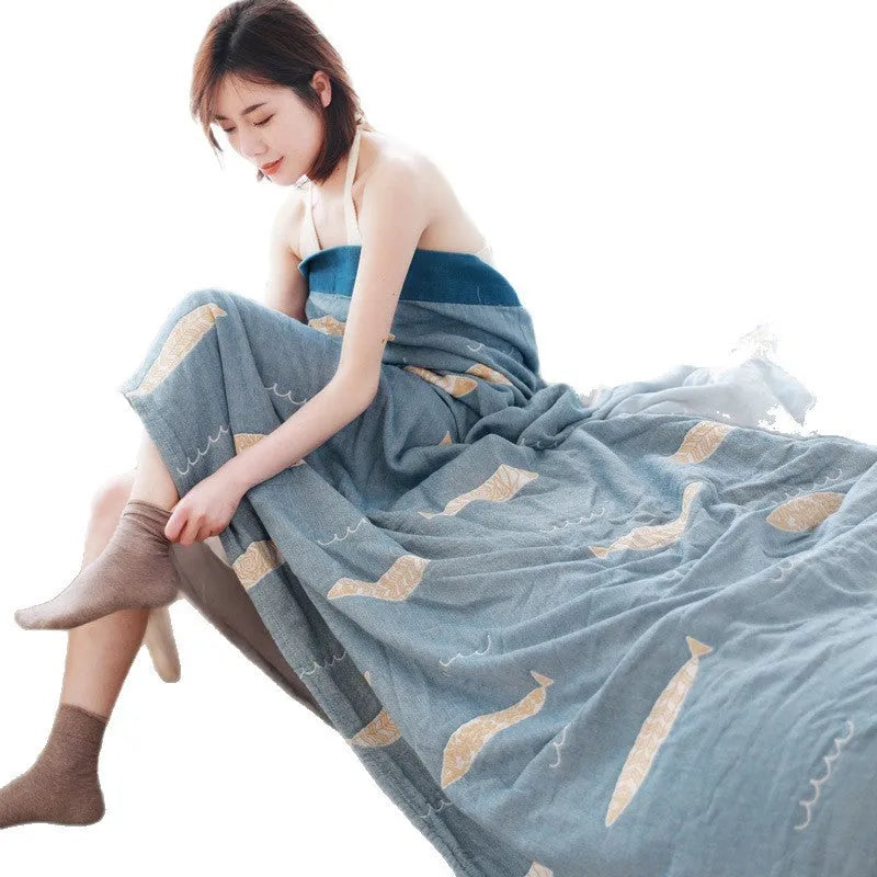 Pure cotton five-layer gauze bed sheet blanket in roulette wheel blue pattern showing modern simple style