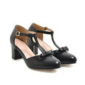 Women's solid-colour chunky heel sandals with buckle strap, round toe, hollow-out design, and a bow.