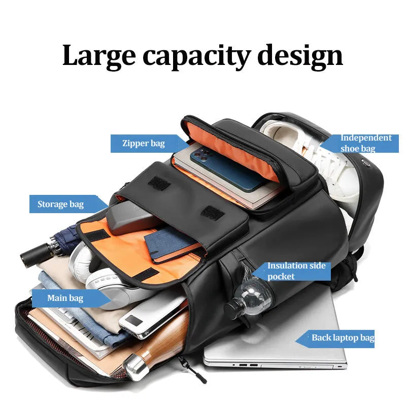 Men's large capacity black waterproof shoulder backpack 21 inch for travel and business