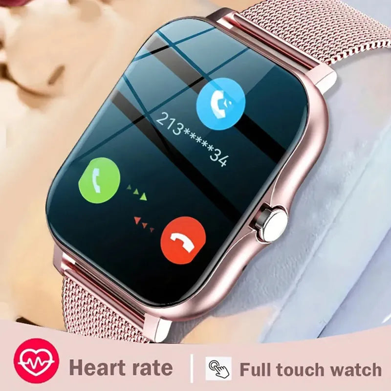 Smart watch with 1.44-inch touch screen showing heart rate and step count display on silicone strap