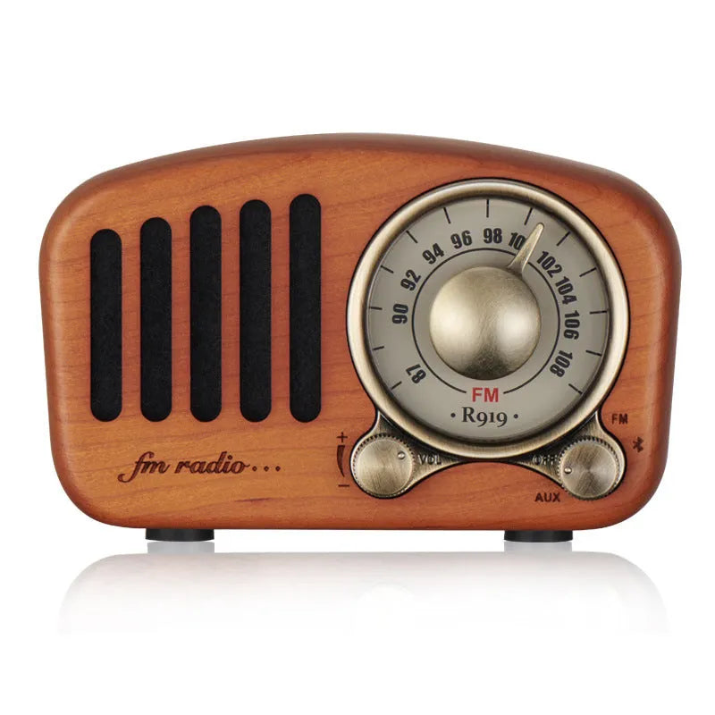 Retro wooden wireless mini speaker in cherry wood or walnut finish showing compact dimensions