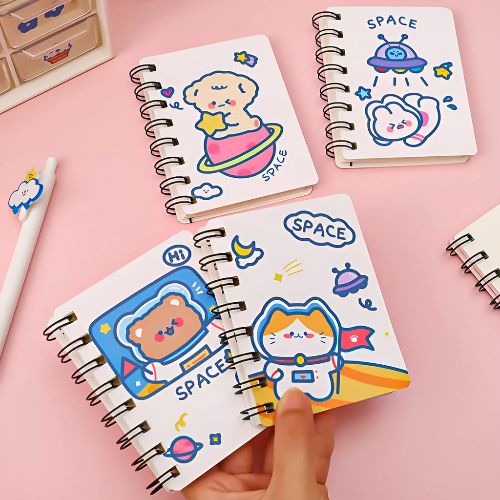 Astronaut themed portable pocket notebook showing soft cover design options and compact 10.5x8cm size