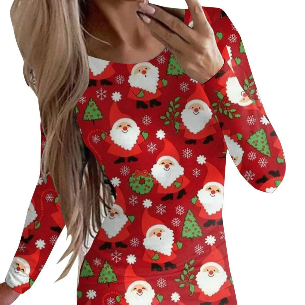Red Christmas dress with flower print, round neck, long sleeves, and a tight-fitting short hip skirt.