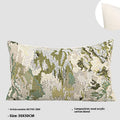 Antique green abstract decorative pillow with French style spring flowers pattern, shown in square and waist pillow sizes.