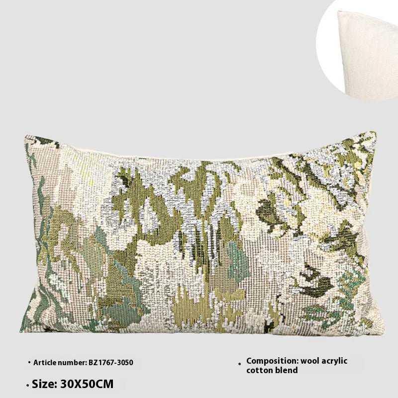 Antique green abstract decorative pillow with French style spring flowers pattern, shown in square and waist pillow sizes.