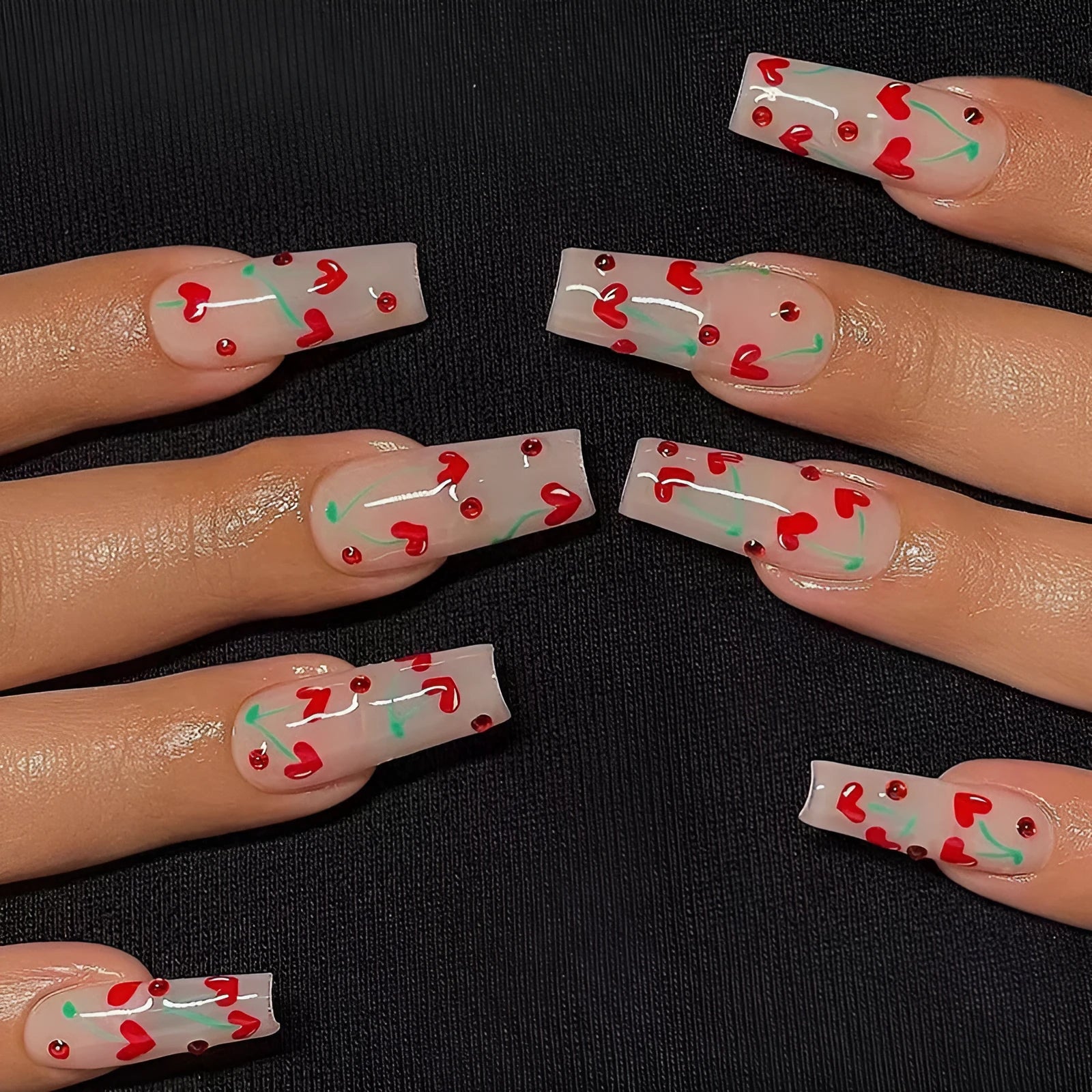 Red diamond and cherry pattern nail armour sheets and glue, 24-piece set colour JP1601.
