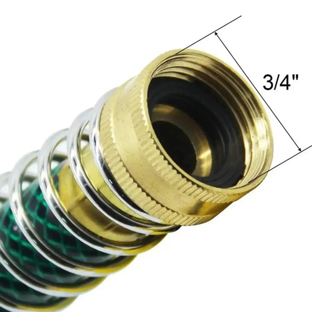 Brass garden hose connector with a coiled spring and 3/4 inch threaded ends on a white background.