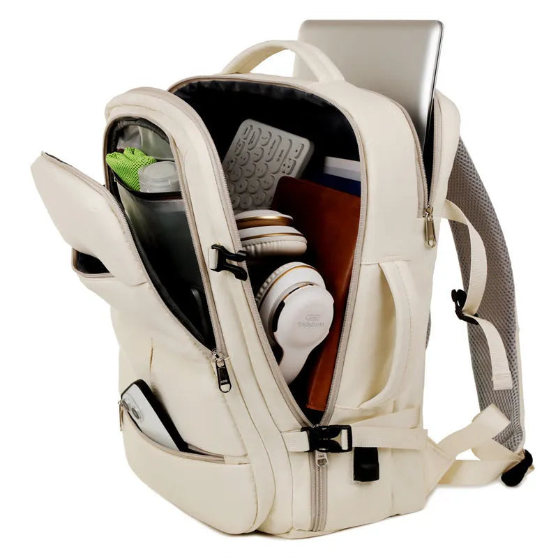 Waterproof Oxford cloth backpack in multiple colours showing front pockets and 15.6-inch laptop capacity