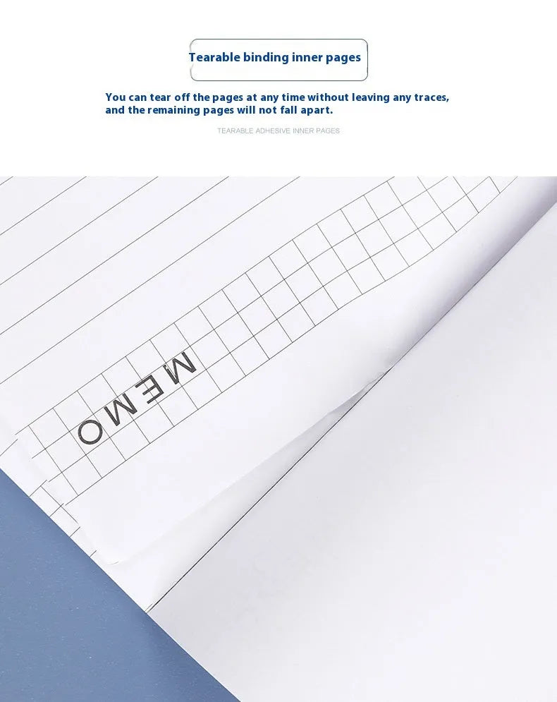 A4 size tearable notebook with ivory grid paper and a simple paper cover, shown next to an A5 size option.