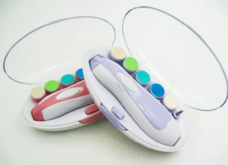 Ultra-quiet electric baby nail polisher in pink, showing compact design with button.