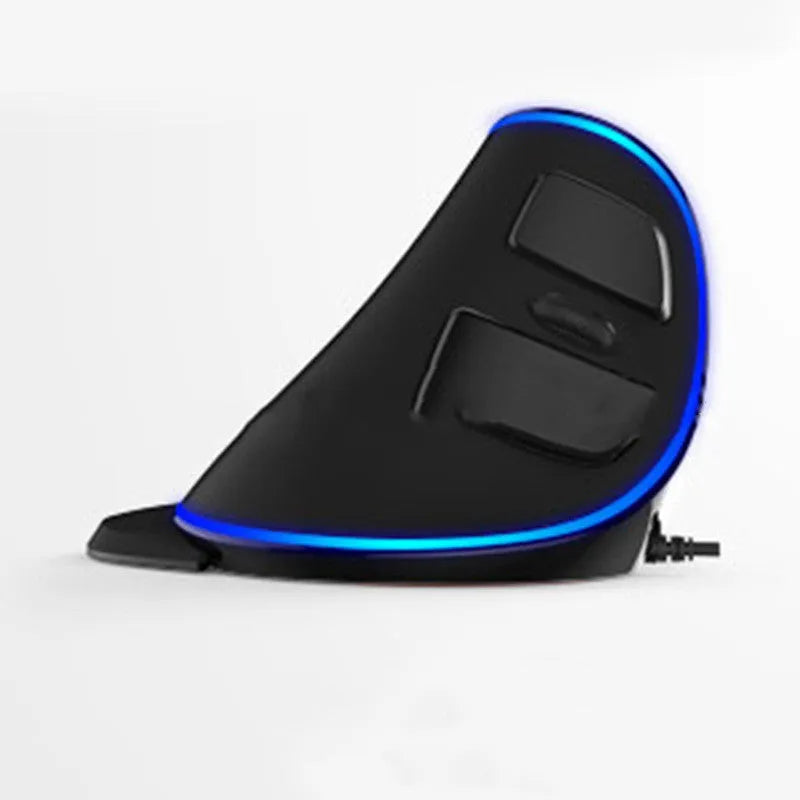 Vertical ergonomic wired computer mouse with RGB lighting, shown in a handshake-style grip.