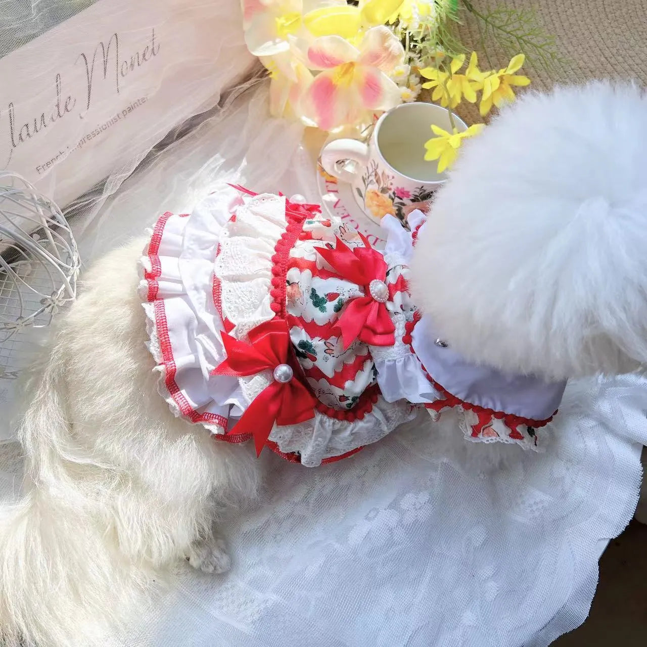 Rabbit skirt princess style dog dress on a small dog, showing the polyester fabric and skirt design.
