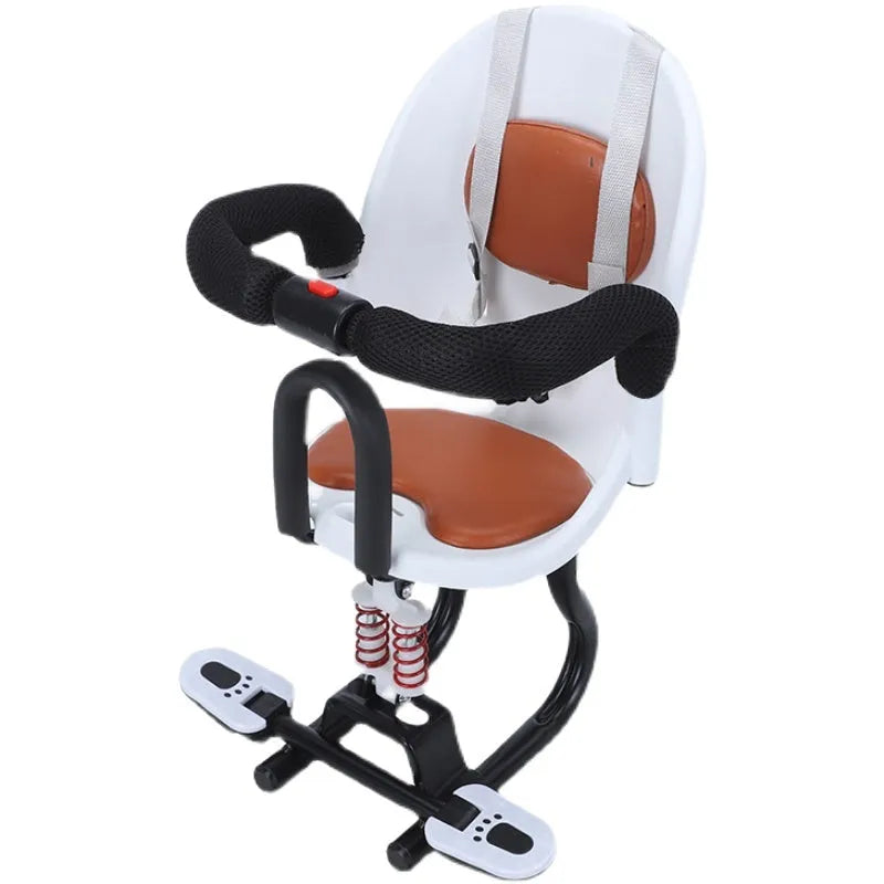 Front-mounted child safety seat for battery scooter in black, showing high carbon steel frame.