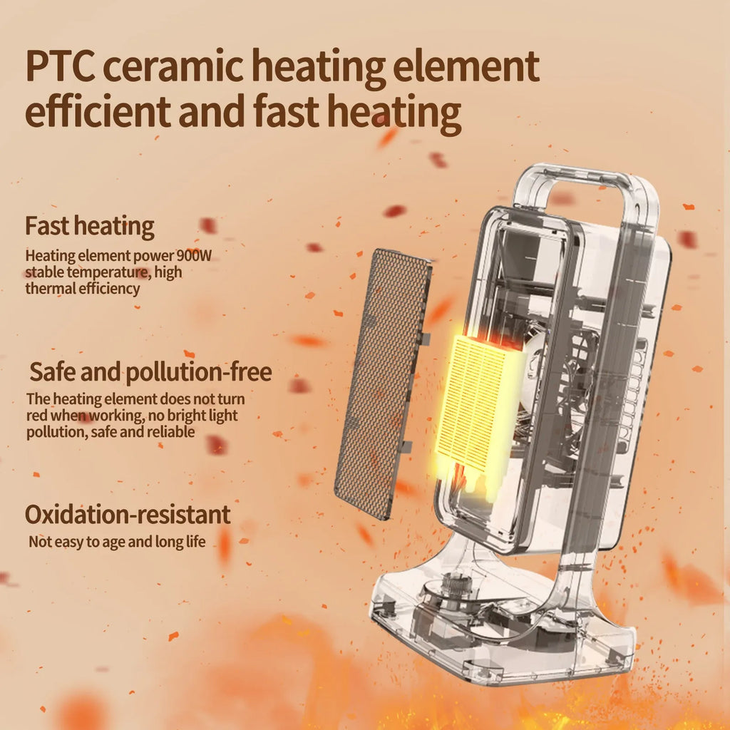Black desktop PTC ceramic fan heater with control knob, shown on a table.