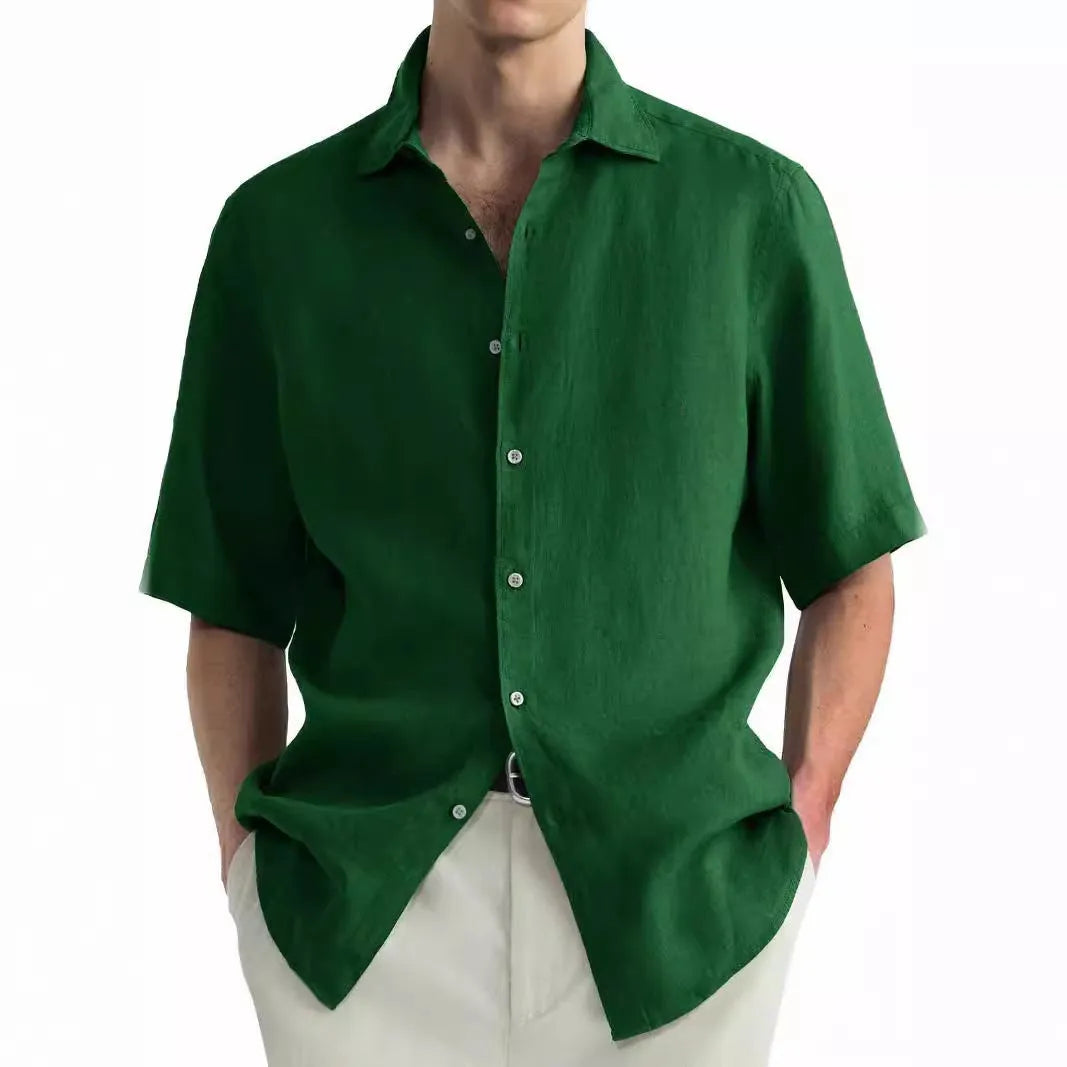 Men's green washed cotton casual shirt with cardigan style and regular fit