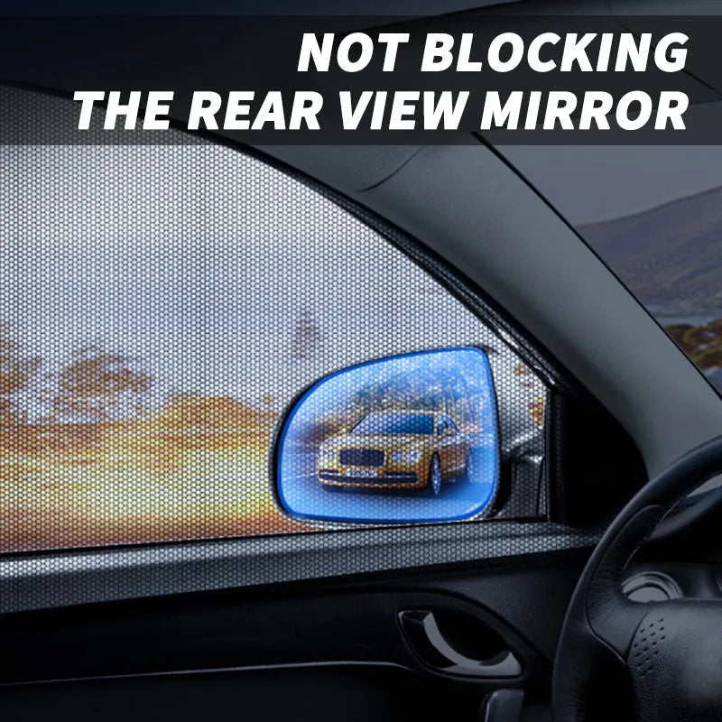 Car side window mesh sunshade installed on a car door window for sun protection and mosquito prevention
