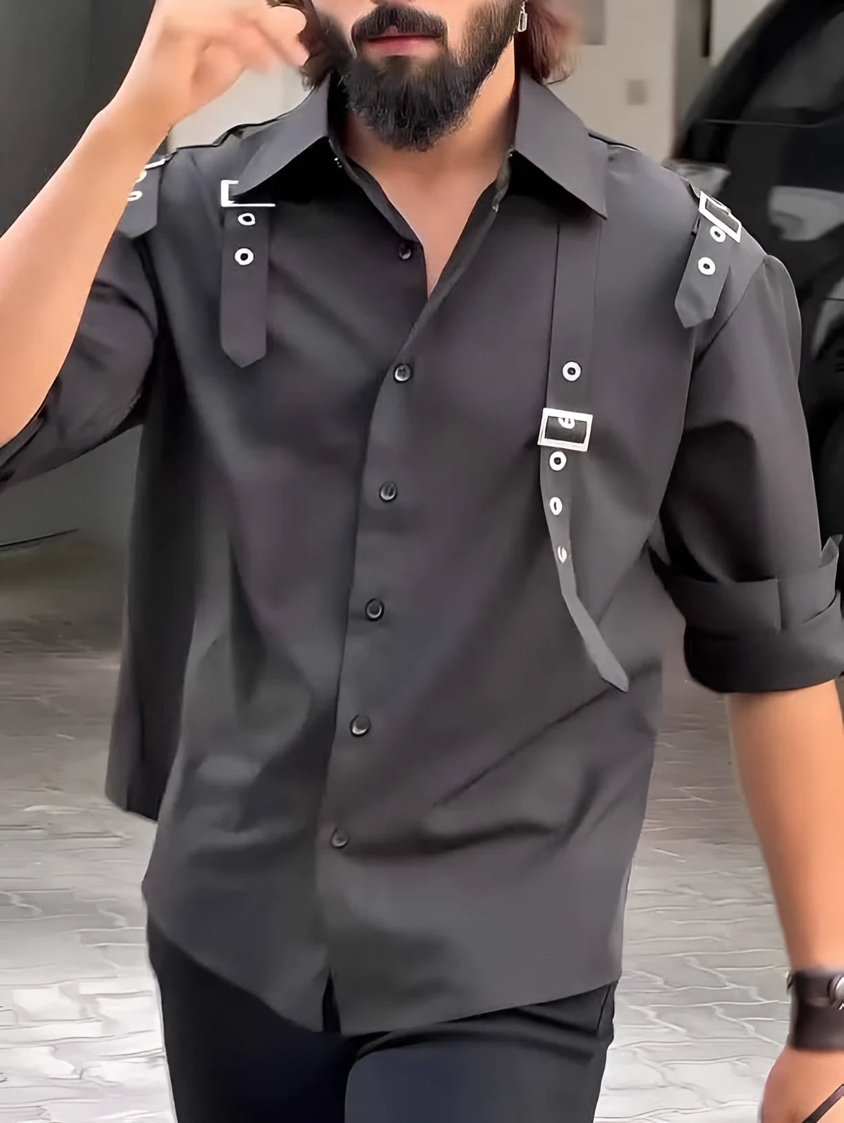 Men's black button-up shirt with traditional collar and regular fit
