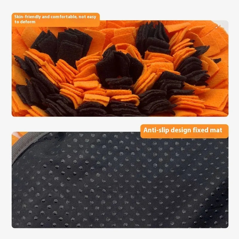 Orange pumpkin-shaped dog smell mat with fabric strips for slow feeding