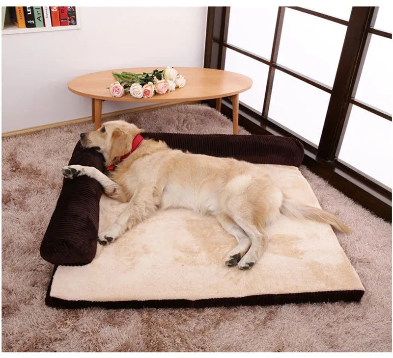 Corduroy pet sofa dog bed in grey colour with non-slip base, shown in a Large size.