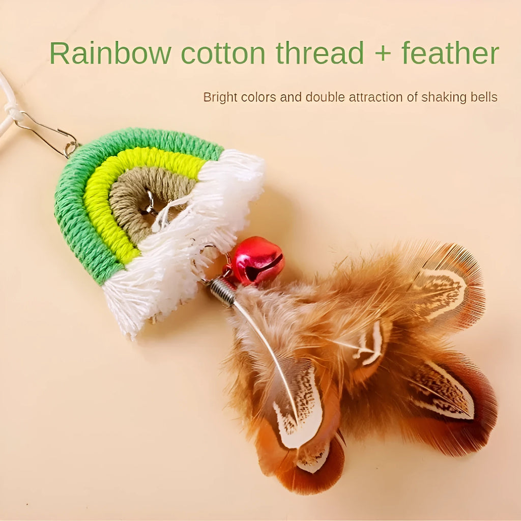 Cat toy with feather rope hanging from door using elastic and sticky buckle clamp, available in Blue, Green, and Pink