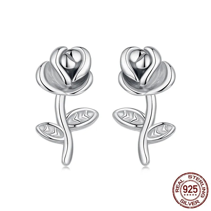 Three-dimensional rose stud earrings in S925 sterling silver, colour BSE1246, fairy style floral design