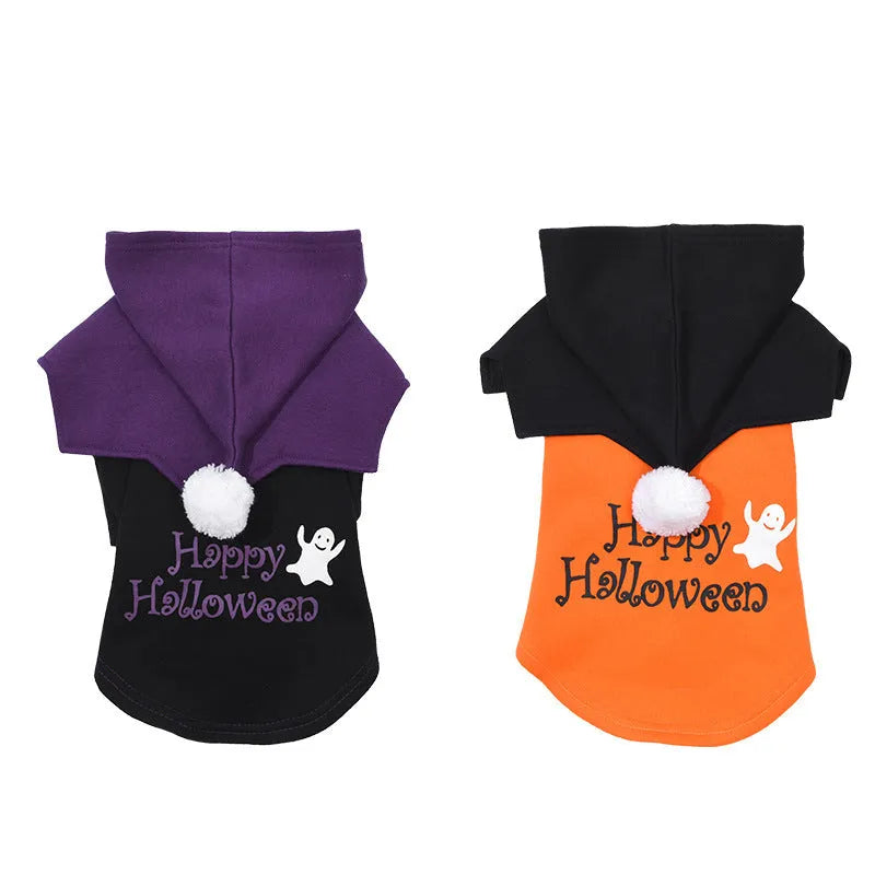 Halloween pumpkin dog clothes in black and orange, two-piece sweater and shawl set on a small dog