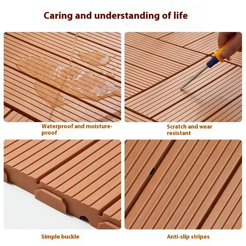 Wood grain plastic floor tiles showing interlocking edges, 300x300mm size with 23mm thickness