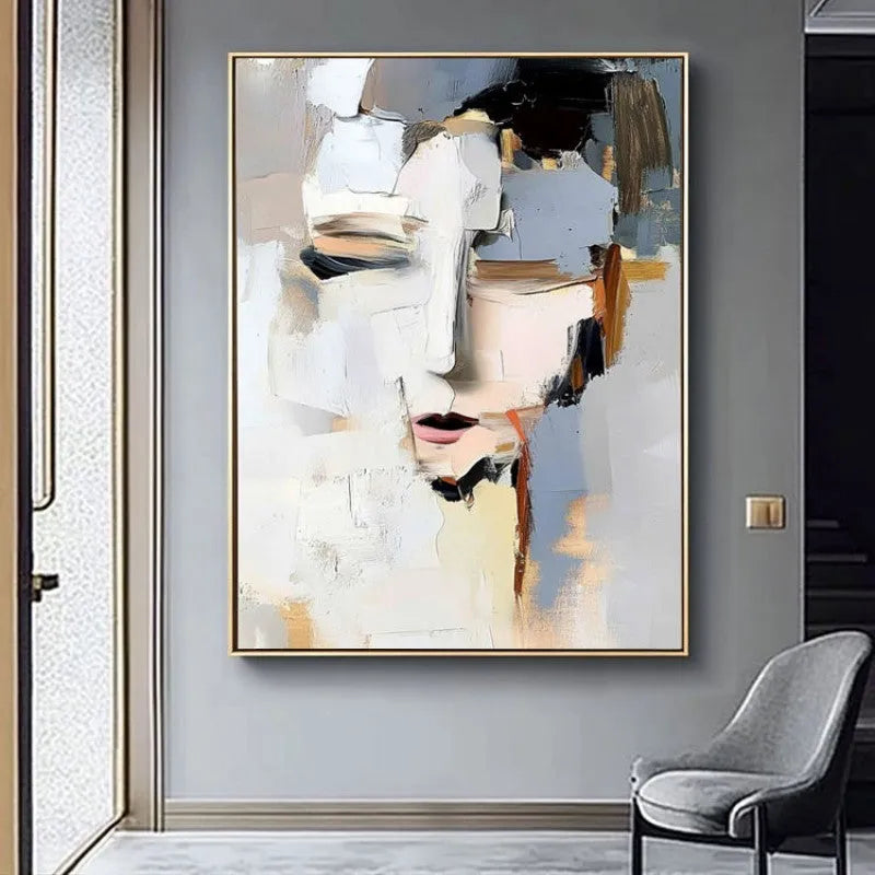 Abstract woman face hand-painted oil painting on canvas, modern black and white vertical wall art