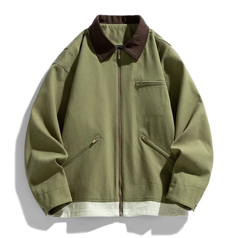 Men's loose fit retro workwear jacket with contrast colour lapels and side seam pockets