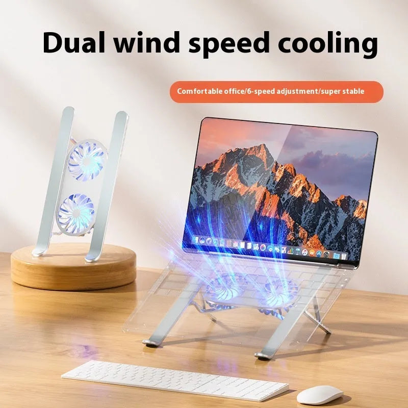 Aluminium alloy notebook stand with twin fans, silver finish, on a desk with a laptop placed on top