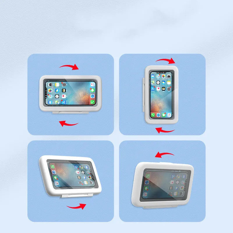Waterproof phone holder in Crescent White with anti-fog window and touch screen on bathroom tile