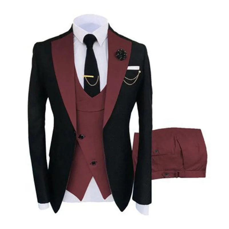 Men's slim fit three-piece cotton suit in black for a wedding or business occasion.